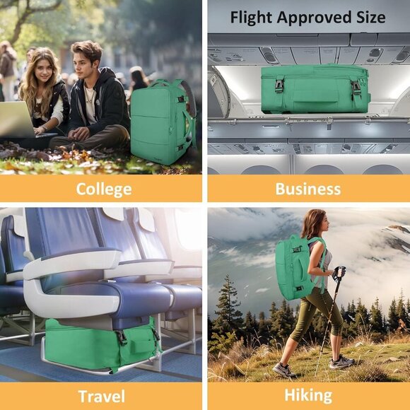 〽️Women Trendy Carry On Backpack Green with Shoe Pouch & USB Charging Port main image 8
